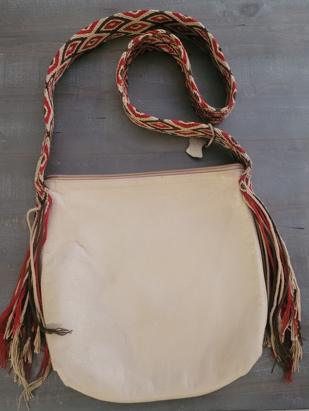 Boots & Bags Cream Leather Crossbody Bag Purse Woven Strap Western Hippie Boho